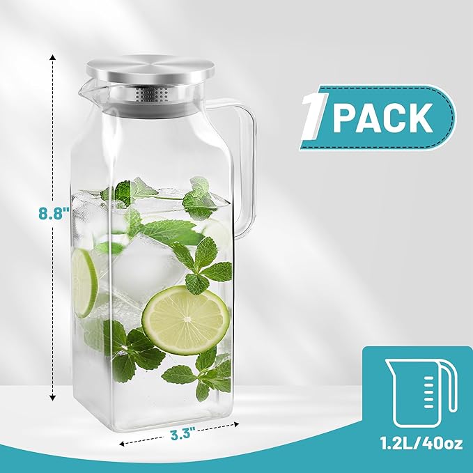 40.5 oz Square Glass Pitcher with Lid and Spout, Lightweight Water Pitchers for Hot/Cold Drink, Heat Resistant, Borosilicate Jugs, Glass Carafe with Handle,Ideal for Fridge Storage(1Pack)