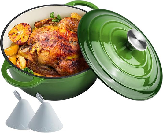 4 Quart Dutch Oven Enameled Cast Iron with Lid - Big Dual Handles - Oven Safe up to 500°F - Classic Round Pot for Versatile Cooking Green