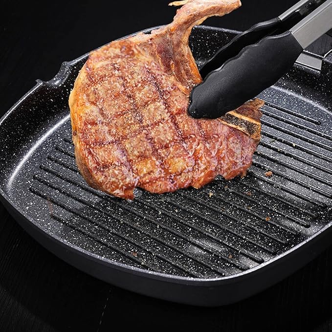 Non-stick Grill Pan with Folding Handle for Meat, Fish and Vegetables For All Heat Sources 24cm/9.4IN for Stove Tops, Induction, Black