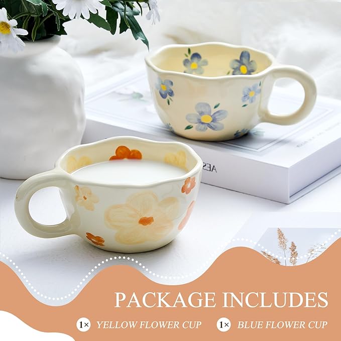 Vesici 2 Pcs Ceramic Coffee Mugs with Spoon, Vintage Floral Spring Mugs with Handle, 8.5 oz Aesthetic Flower Porcelain Tea Cup Set, Dishwasher & Microwave Safe for Home Office Gift(Vivid)