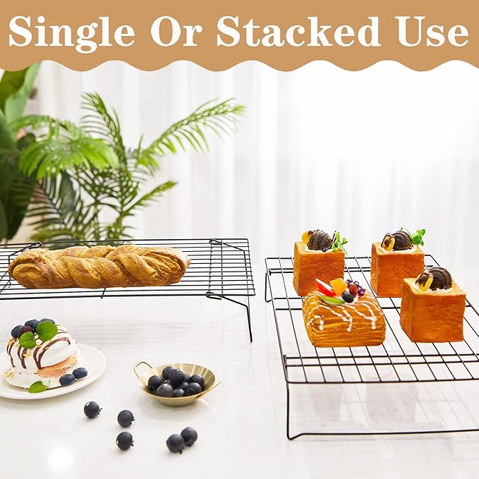 meekoo 2 Pack 4 Tier Cooling Rack Stackable Collapsible Folding Legs Stainless Steel Wire Rack for Baking Cooking Drying Roasting Cookies Bread Meat Oven Use, 16 x 10 Inch