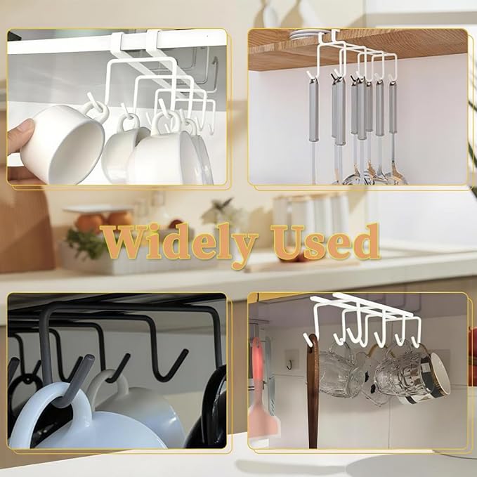 Mug Holder Under Cabinet,2pcs Coffee Mug Organizer for Kitchen,Fit for 0.8 Inch Thickness Shelf or Less,Nail Free Adhesive Coffee Cups Holder Hanger for Cups/Kitchen Utensils/Keys Storage (White)