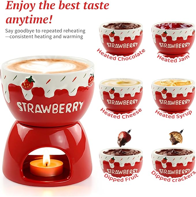 Mini Sweet Fondue Cup, Ceramic Chocolate Melting Pot and Stove Set of 2, Coffee Warmer Mug, Portable for Cheese, Butter Melting Dipping Tool for Marshmallows/Fruits for Camping/Date/Movie Night/Party