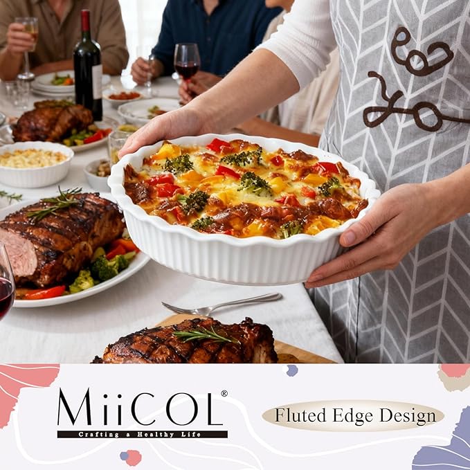Miicol White Ceramic Pie Pan, 50 oz Ripple Edge Deep Baking Dish, 9 Inch Round Ceramic Pie Plate, Suitable for Quiche, Apple Pie, Meat Pie, Ideal Gift for Baking Lovers
