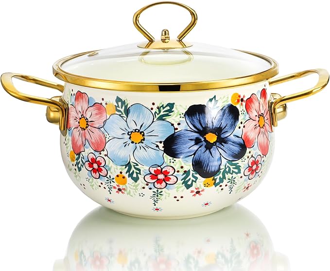SOUJOY 3 Quart Enamel Cooking Pot with Glass Lid, Non-Stick Soup Pot with Handle, Vintage Floral Bean Stew Simmer Pot for Kitchen, Induction & Gas Stove Safe, Mother's Day, Wedding, Christmas Gift