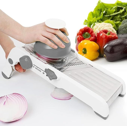 Large Mandoline Slicer for Kitchen - Professional Stainless Steel Onion Slicer & Cabbage Shredder, Integrated 2-in-1 Blade for Waffle & Smooth Cuts, Safety Hand Guard Included (Gray)