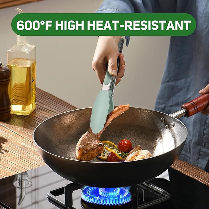 Kitchen Tongs, Stainless Steel Cooking Tongs with Silicone Tips, 600ºF High Heat-Resistant Non Scratch Locking Tongs for Cooking BBQ Grilling Air Fryer Pans, Set of 2 (7" 9" and 12") Sage Green