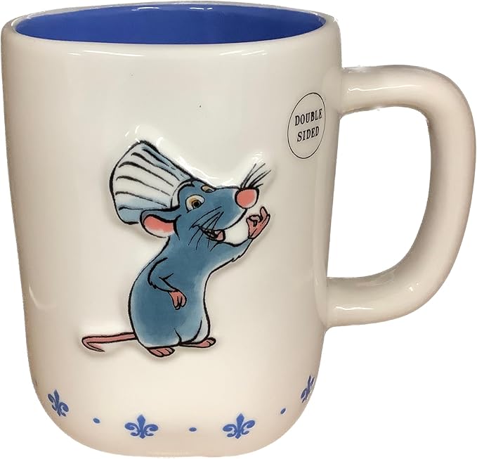 Rae Dunn Disney Pixar Ratatouille Remy Chef's Kiss Ceramic Coffee Mug with Blue Interior, Fleur-de-Lis Design, 14oz