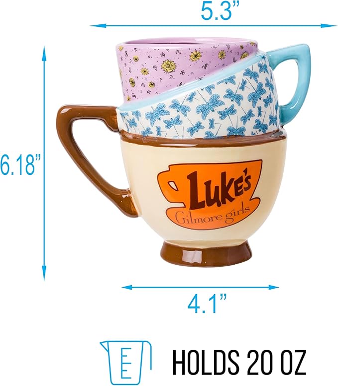 Silver Buffalo Gilmore Girls Stars Hollow Destination Locations: Luke’s Diner, Doose’s Market, and Dragonfly Inn Ceramic 3D Sculpted Stacked Teacup Mug, 20 Ounces