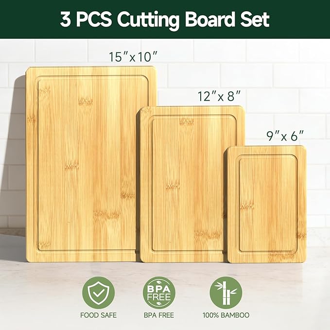 3-Piece Set Bamboo Cutting Board for Kitchen - Crack-Resistant Wood Chopping Boards with Deep Juice Grooves, Pre-Oiled Butcher Block for Meat, Vegetables & Cheese, Natural