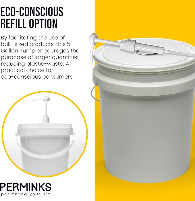 5 Gallon Pump Dispenser - Pump for 5 Gallon Bucket, Jug, Bottle, Large Container - Great for Shampoo & Conditioner, Laundry Detergent, Snow Cone Syrup, Bleach Liquid, Oil & More (Pack of 1)