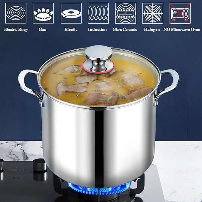 P&P CHEF 12 Quart Stainless Steel Stock Pot with Lid, Large Stockpot for Cooking Pasta Soup, Cookware for Induction Gas Electric Stoves, Visible Lid & Measuring Markings, Dishwasher Safe