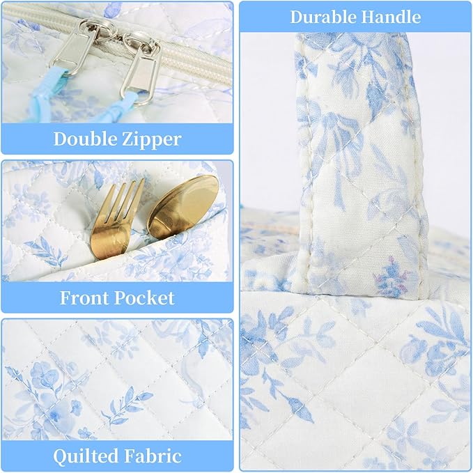 Quilted Lunch Box for Women,Coquette Aesthetic Lunch Box for Teen Girls,Cute Blue Floral Lunch Bags for Work, School,Office,Picnic,Travel (Big Blue Floral)