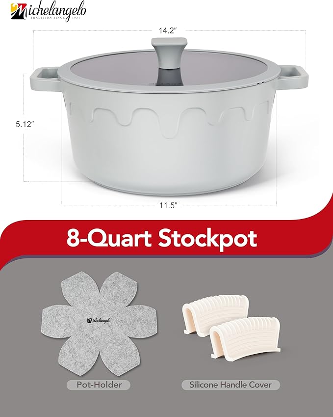 MICHELANGELO 8-Quart Soup Pot with Lid - Nonstick Large Ceramic Stock Pot for Induction Cooktop, 8qt Non Stick Cooking Pots with Silicone Handle Covers & Pot-Holder, Grey