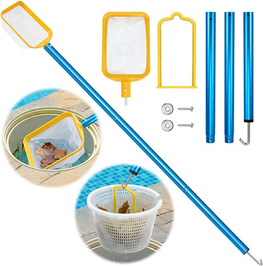 50in 2-in-1 Pool Skimmer Tool with Stainless Steel Hook and Detachable Fine Mesh Net, Includes Skimmer Basket Handle, for Above Ground and Inground Pools