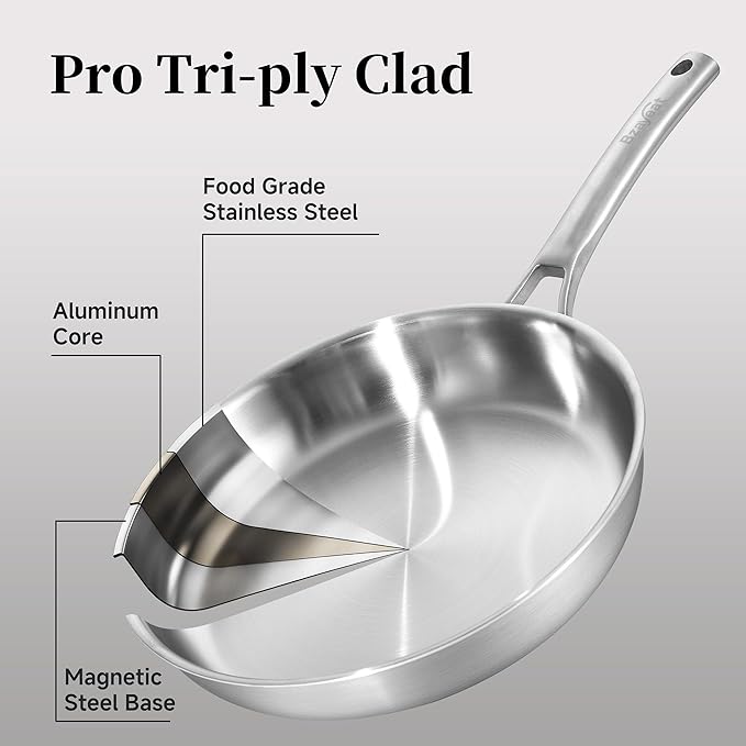 Chef's Frying Pan 12 Inch, Tri-Ply Clad Stainless Steel Skillet, Induction Compatible Sauté Pan with Even Heat for Searing, Oven & Dishwasher Safe, Professional Restaurant Grade Cookware