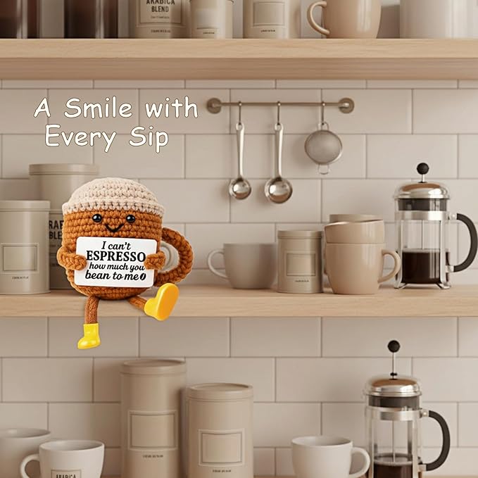 Coffee Lovers Cute Birthday Gifts for Women Men Positive Crochet Espresso Coffee Cup Desk Decor–Funny Emotional Gift for Best Friends Girlfriend Wife Husband Coworkers Thank You Valentins