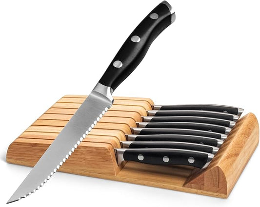 Alata 8-Piece Steak Knives Set with Block, 4.7 Inch with Serrated Edge Razor-Sharp Dinner Knives, Full-Tang Construction
