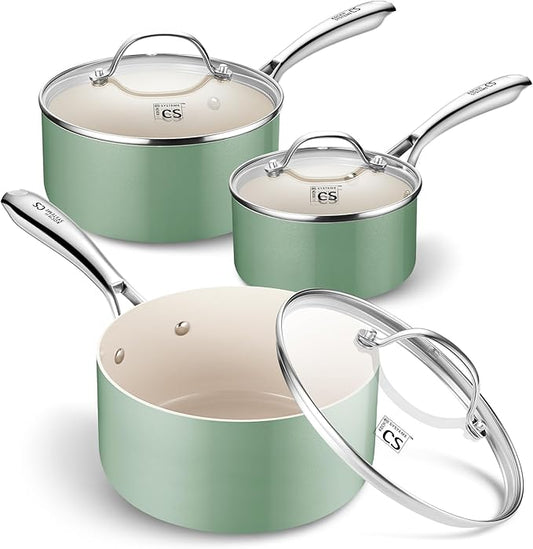 KOCH SYSTEME CS Nonstick Sauce Pan with Lid 1QT, 2QT & 3QT, Ceramic Saucepan Set 6Pcs, Non-Toxic Saucepan Set, Cooking Pots Set, Oven Safe & Induction Compatible, Green
