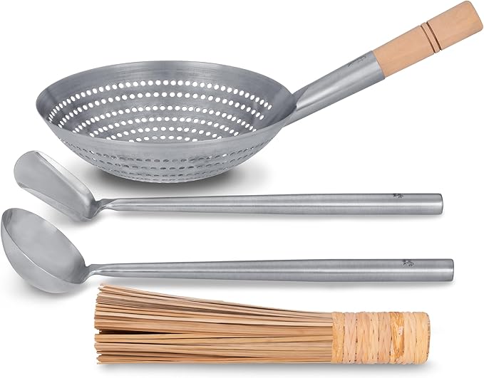 Craft Wok s/s Tools 4 pcs Set: Ladle, Spatula, Strainer, Bamboo Brush/Utensils Traditional Asian Cookware / 732W324