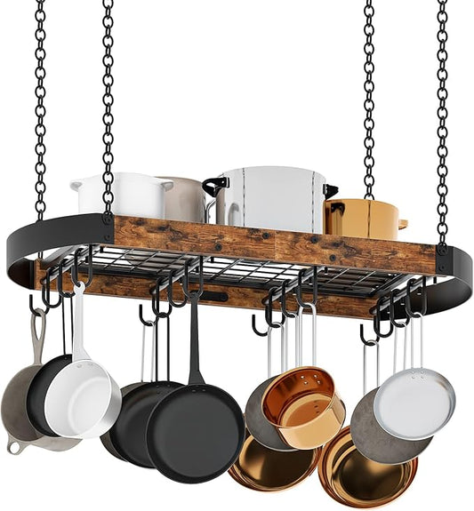 31.7-Inch Hanging Pot Rack, Space-Saving Pot Hanger for Kitchen, Ceiling Pan Hanging Rack with 16 Detachable S Hooks, Sturdy Metal Frame, Industrial Style, Rustic Brown and Black TPR09BF