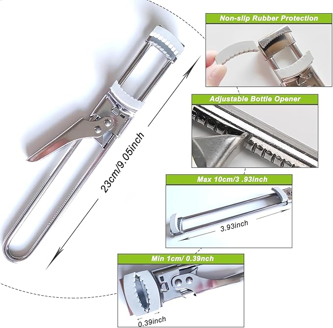Adjustable Stainless Steel Jar Opener - Easy-Grip Kitchen Gadget for Jars, Bottles & Lids, User-Friendly Leverage Design,Effortless Grip for Seniors & Weak Hands (2PC)