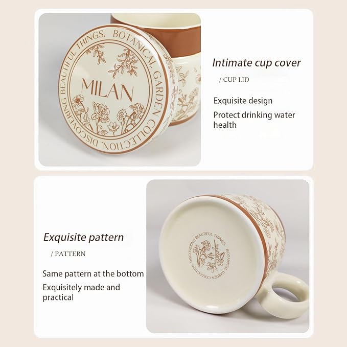 12.9oz Ceramic Coffee Mug with Lid,Flower Patterned Porcelain Mug,Ceramic Tea Cup Coffee Latte Mug for Office and Home,Brown,1 Piece