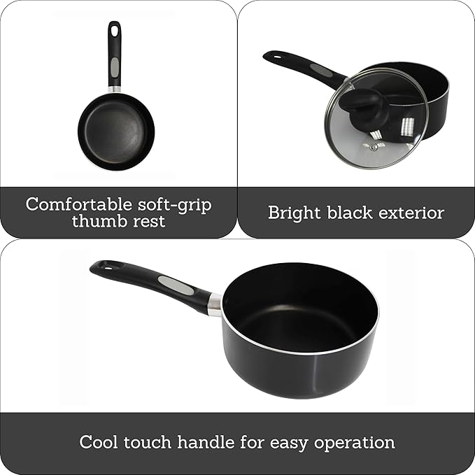 Mirro A79723 Get-A-Grip Aluminum Nonstick Sauce Pan with Glass Lid Cover, 2-Quart, Black
