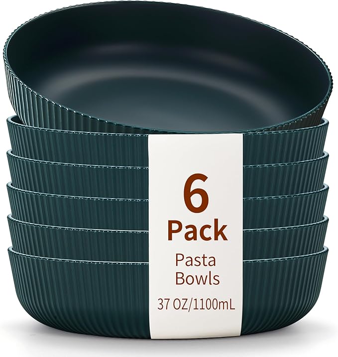 HOMQUEN Pasta Bowls Set of 6, 37oz Salad Bowls Green Soup Bowls, Large Pasta Serving Bowls, Unbreakable Plastic Dinner Bowls, Dinnerware Sets,Valentines Day Gift, Dishwasher Safe (Green)