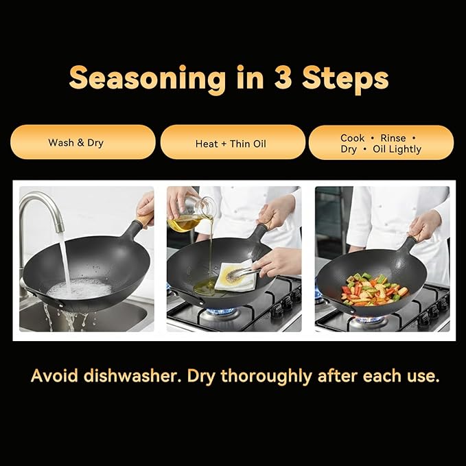 WANGYUANJI 13.4" Carbon Steel Wok - Round Bottom (Fits Wok Burner OR Flat Gas Stove with Ring) - Nitriding Iron Pow Wok (No Coating, Heavy Duty & Durable)