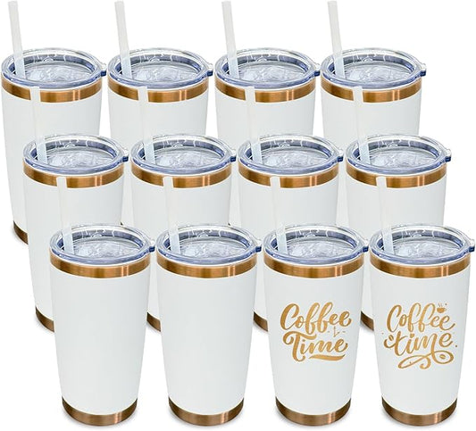 20 oz Tumbler Bulk 12 Pack Stainless Steel Tumbler with Lid and Straw, Double Wall Vacuum Insulated Travel Coffee Mug for Laser Engrave, Powder Coated Cup for Hot and Cold Drinks (White,12 pack)