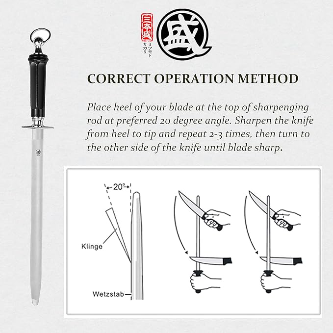 MITSUMOTO SAKARI 10 inch Japanese Honing Steel - Flat Diamond Knife Sharpening Rod, Professional High Carbon Sharpener with ABS Handle & Powerful Magnet