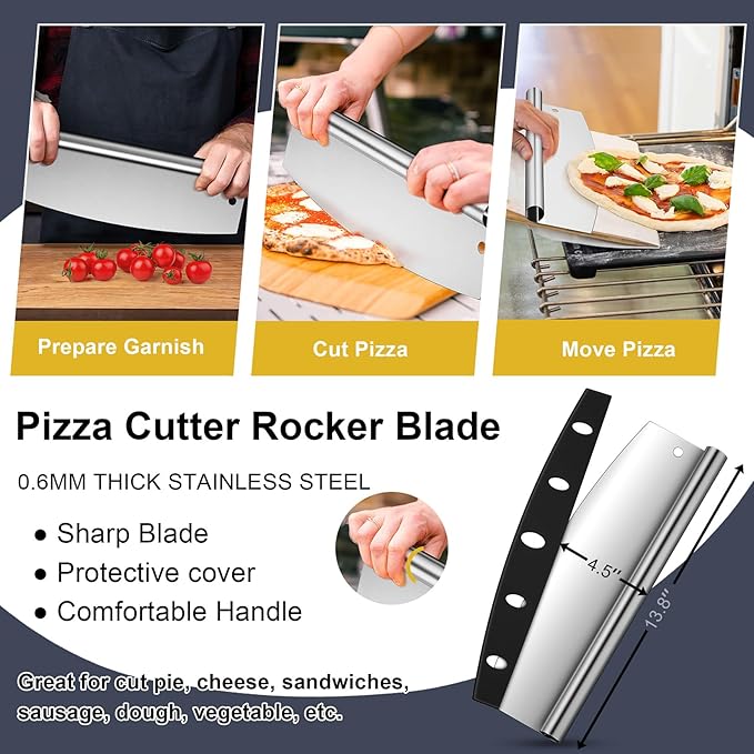 12 Inch Perforated Pizza Peel Aluminum Pizzas Spatula, Joyfair Metal Pizza Paddle with Rocker Cutter Pizza Oven Accessories Turning Tool Set, 38.5”- 49” Long Detachable Handles (Painted Handle)