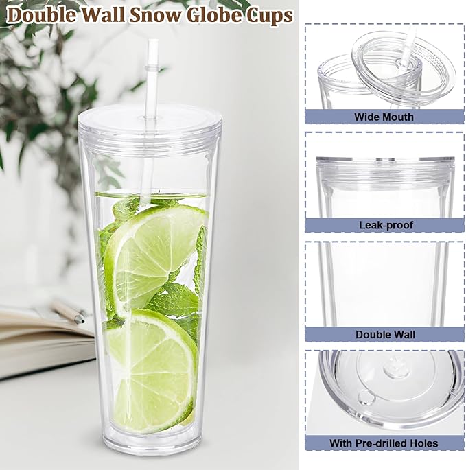 6 Pack 24Oz Snow Globe Tumblers, Double Wall Acrylic Snowglobe Cup with Pre Drilled Hole, Lids, Straws and Plug, Reusable Clear Plastic Tumbler for Snow Globe Glitter DIY