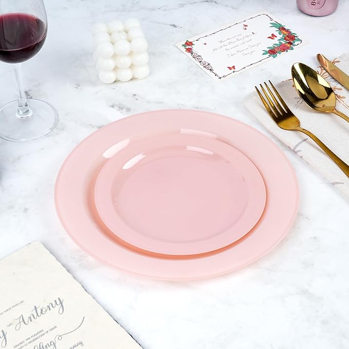 Moretoes 200PCS Pink Plastic Plates Disposable 10inch Dinner Plates and 7inch Dessert Salad Plates Heavy Duty Plates for Wedding Party and Birthday