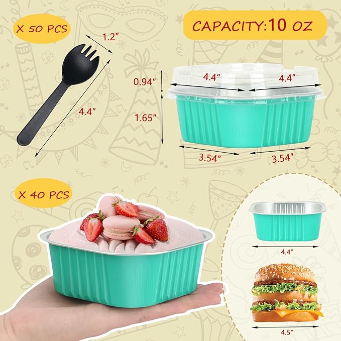 LNYZQUS 10oz Aluminum Brownie Pans 40 Pack, Square 4”X4” Disposable Ramekins Cupcake Liners with Lids,Mini Cake Baking Pans,Large Muffin Tin Holders for Catering Gathering-Cyan Blue