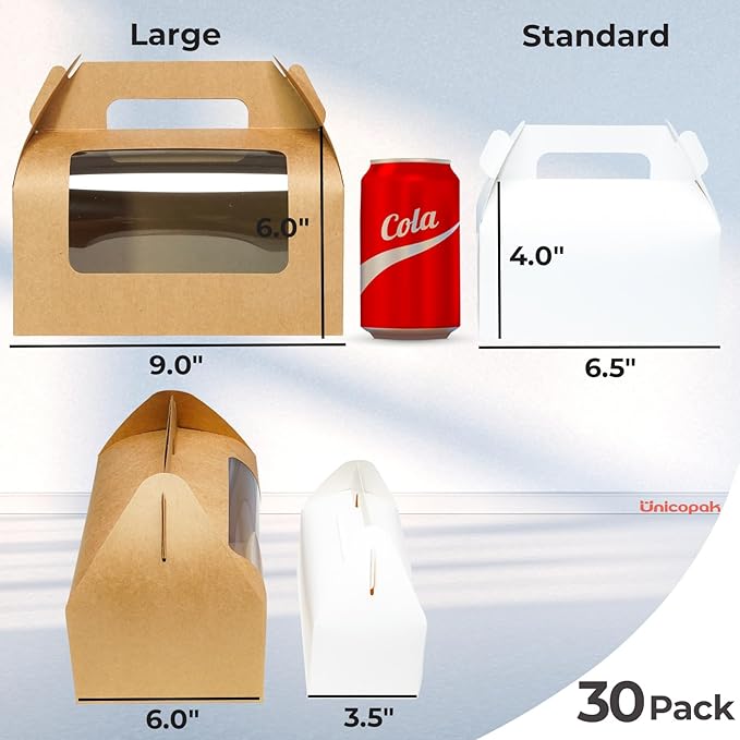UnicoPak 30 Pack Brown Gable Bakery Boxes with Window 9x6x6, Food-grade Cardboard, Rustic Treat Boxes for Homemade Gifts, Lunch, Donuts, Bread, Large Gift Boxes with Handles for Favors