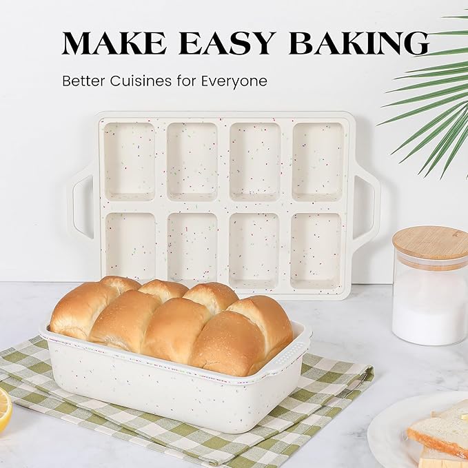 2 Pcs Mini Loaf Pans with Metal Reinforced Frame, Nonstick Small Silicone Bread Pans for Baking, 8 Cavity Tiny Meatloaf Pan (Cream)
