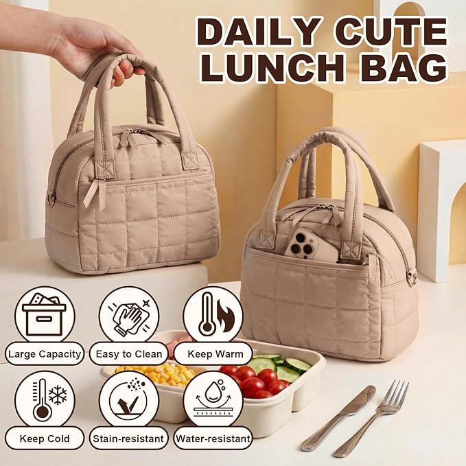 LEDAOU Lunch Box for Women Lunch bag Quilted Puffer Lunch Box with Adjustable Strap Insulated Reusable Lunch Tote for Work School Picnic Travel