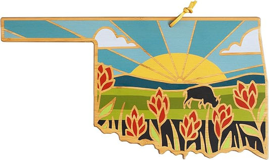 Totally Bamboo Oklahoma State Shaped Cutting Board and Charcuterie Serving Platter with Artwork by Summer Stokes, Includes Hang Tie for Wall Display Varies