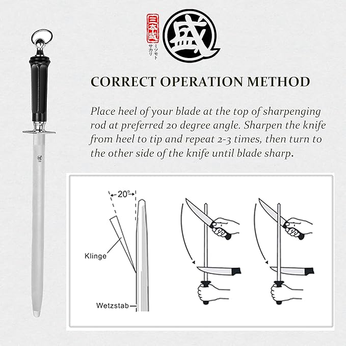 MITSUMOTO SAKARI 10 inch Japanese Honing Steel - Round Diamond Knife Sharpening Rod, Professional High Carbon Sharpener with ABS Handle & Powerful Magnet