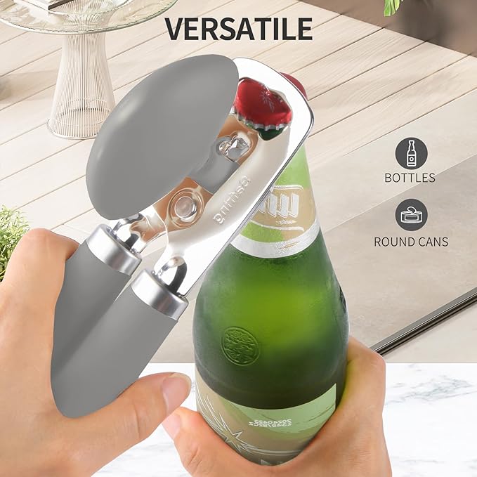 Can Opener Manual, Heavy Duty Stainless Steel Smooth Edge Can Opener With Soft Touch Handle, Oversized Handheld Easy Turn Knob, Multi-Function Bottle Opener, Gray