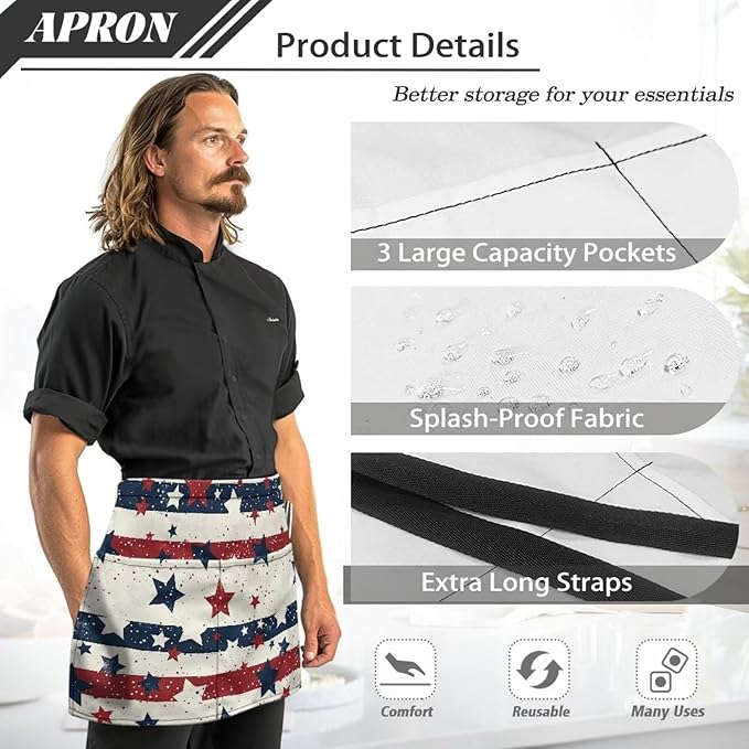 Server Waitress Waist Apron with 3 Pockets, Short Aprons for Servers,Waiter Apron For Waiter Accessories