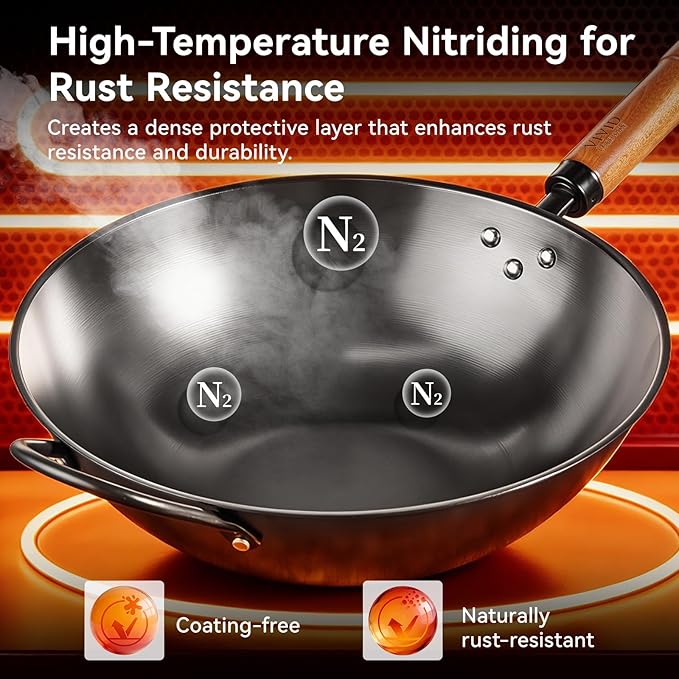 12.6 Inch Carbon Steel Wok with Lid, Flat Bottom Induction Wok Pan, Non-Coated Stir Fry Wok Skillet with Helper Handle, Gas Electric Ceramic Halogen Compatible, Includes Iron Wok Spatula