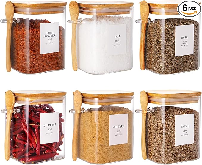 6 Pcs Square Glass Jar with Bamboo Lid and Spoon - 27 oz Large Sugar Container with 148 Kitchen Pantry Spice Jar Labels Preprinted - Glass Containers with Wooden Lids Hold Coffee, Tea, Candy