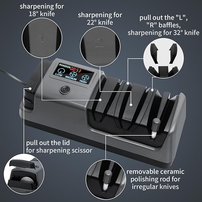 Electric Knife Sharpener for Knives, Scissors, Axes, 5-in-1 Multi-Function Sharpener with Adjustable Speed, 3-Stage Diamond Grinding, Ceramic Polishing Rod, LCD Display