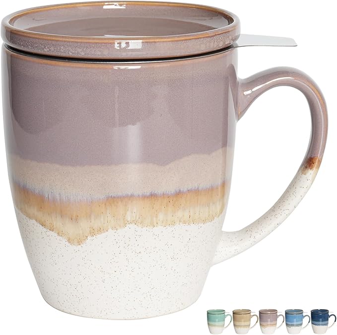 Bosmarlin Ceramic Tea Cup with Infuser and Lid, 16 Oz, 5 Colors to Choose, Dishwasher and Microwave Safe, Reactive Glaze, Steeping Tea Mug with Strainer (Purple)