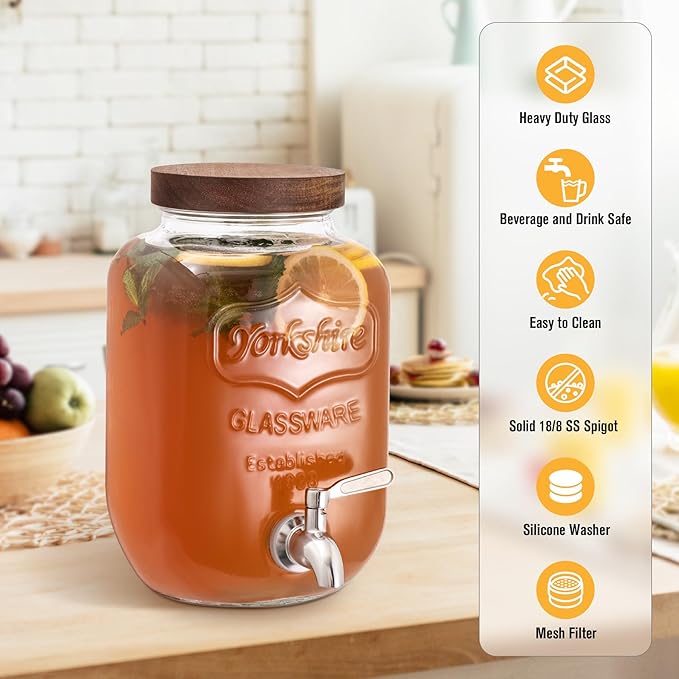 Mustry Glass Drink Dispenser for Parties, 1 Gallon Beverage Dispenser with Spigot Solid Stainless Steel, Used as Lemonade Dispenser Sun Tea Jar Kombucha Jar, Set of 2