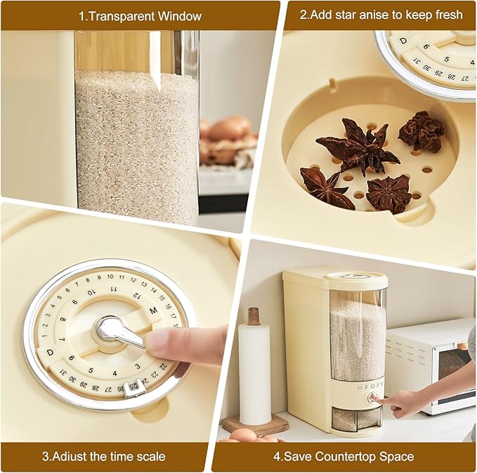 Rice Dispenser 10 lbs | Large Rice Storage Container for Kitchen&Pantry - Space-saving, Moisture & Pest-proof, BPA-Free - Dry Food Dispenser with One-Touch Dispenser & Measuring Cup for Families