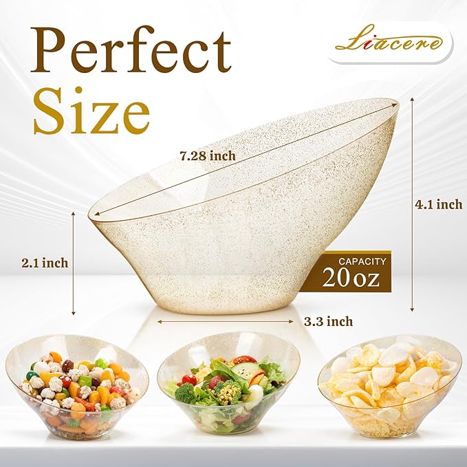 Liacere 16 Pack Gold Plastic Serving Bowls - 20 OZ Angled Party Table Salad and Fruit Bowls Disposable for Chip & Candy, Ideal for Wedding＆ New Year